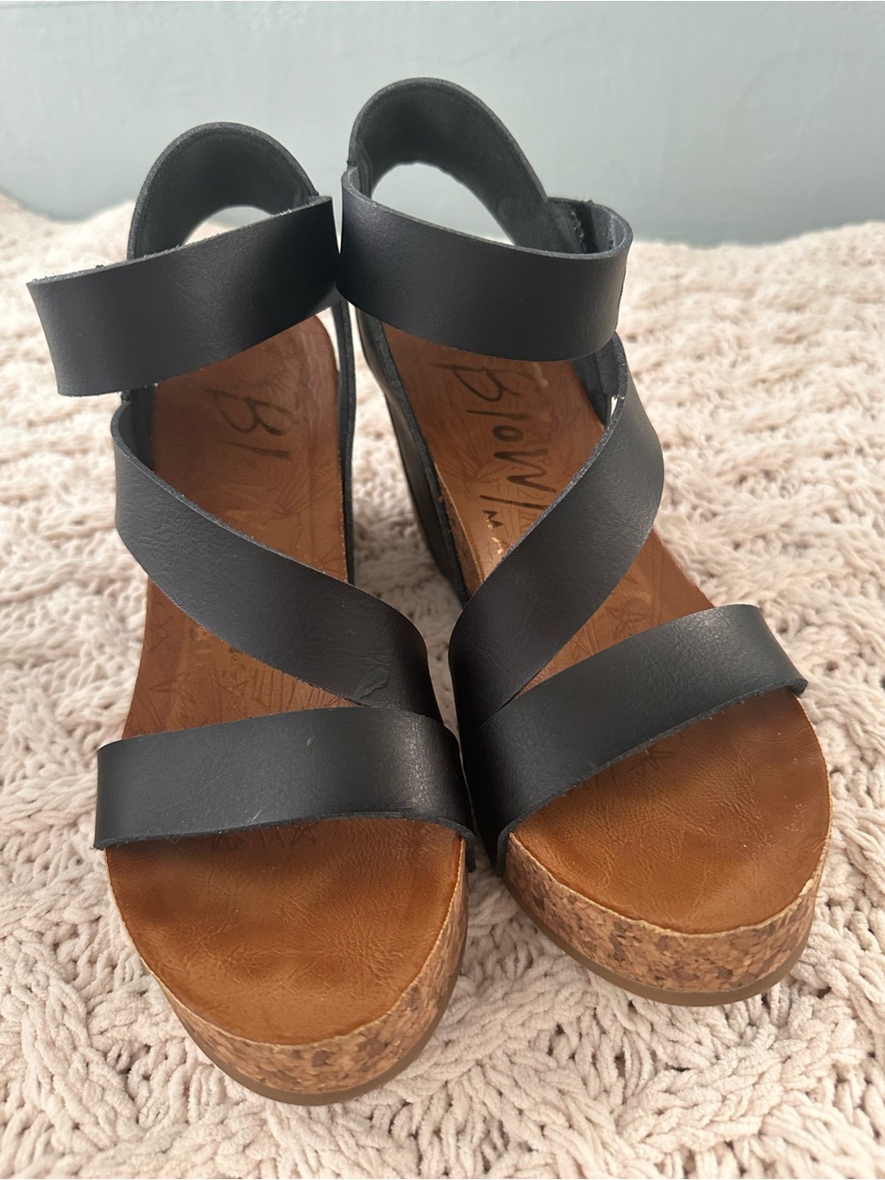 Women's Black Strappy Cork Wedge Sandals